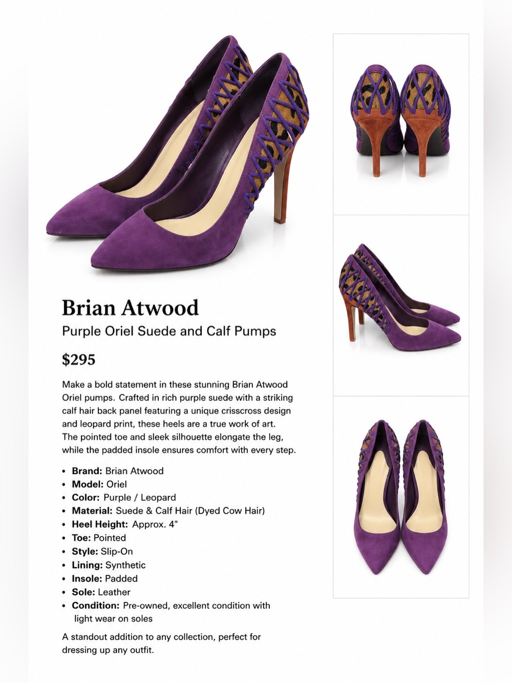 Brian Atwood Oriel Purple Suede & Calf Hair Designer Pumps – Size 9